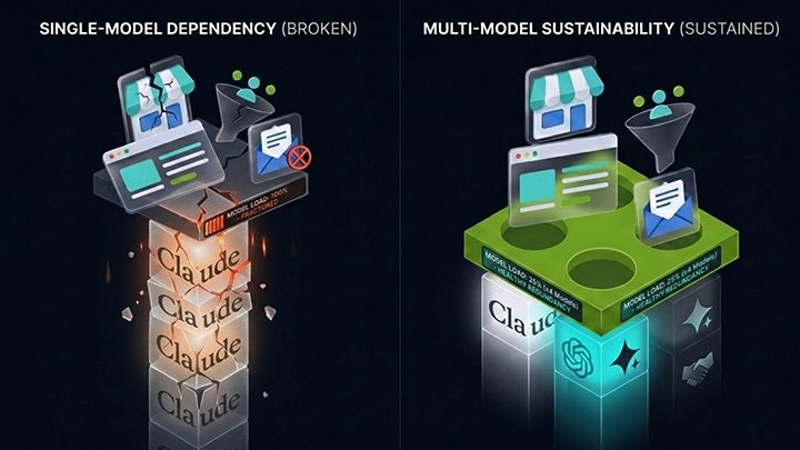 Diagram comparing single model dependency that breaks against a multi model setup that keeps running