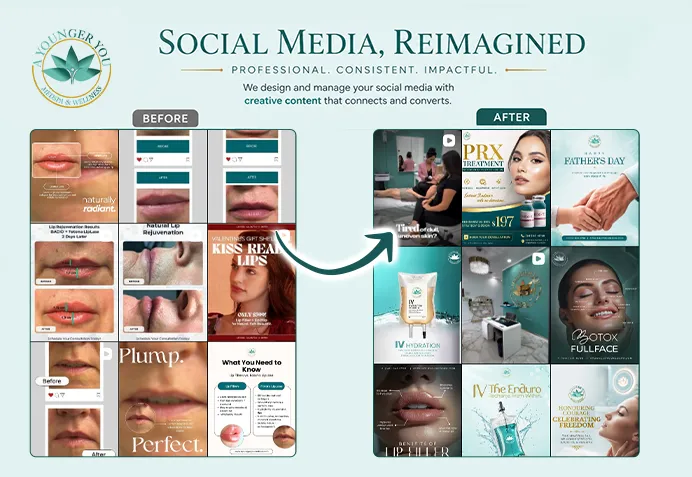 A Younger You med spa Instagram feed before and after the rebrand