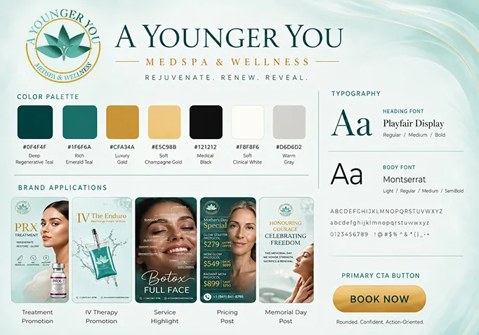Brand guideline for A Younger You Wellness & MedSpa with color palette and typography
