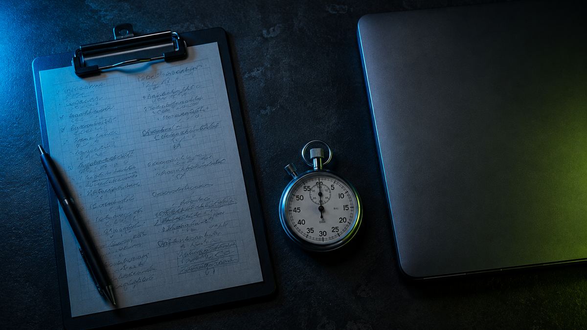Clipboard, stopwatch, and closed laptop arranged on a dark workbench