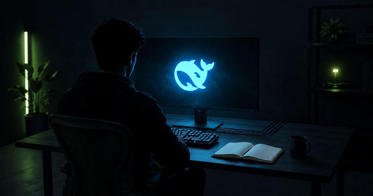Developer working alone at a glowing monitor in a dark studio office