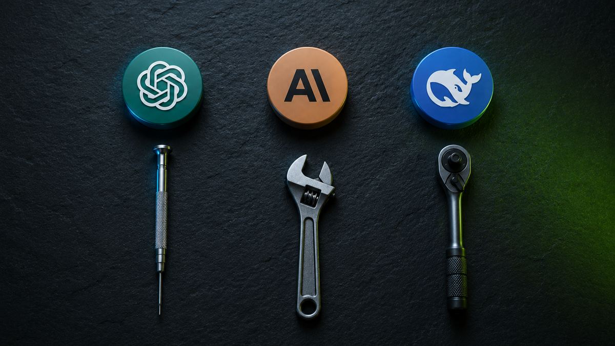 Three different hand tools laid out in a row, one beneath each vendor mark