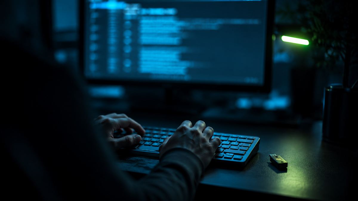 Hands on a keyboard in a dim room with a hardware security key resting on the desk
