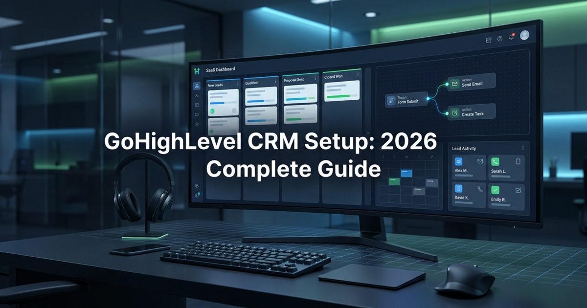 GoHighLevel CRM setup dashboard showing pipeline stages and workflow builder