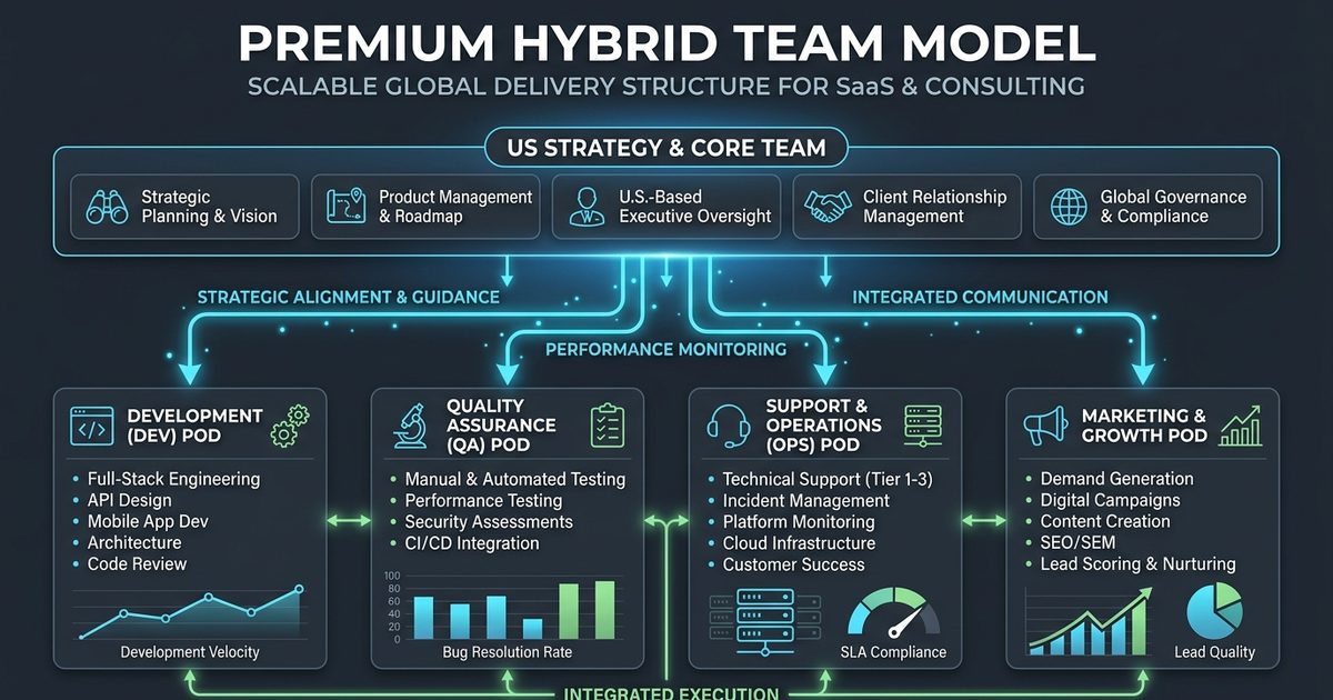 Diagram showing a hybrid team model with US core and offshore execution pods