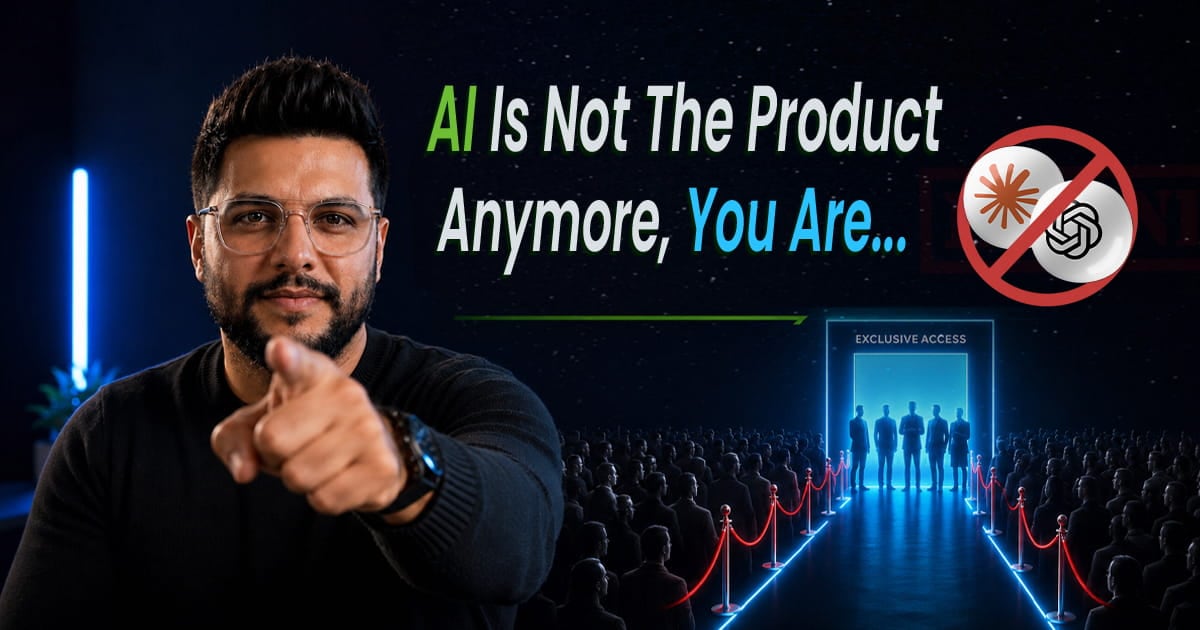 Faiz Ahmed pointing at the viewer beside the line AI Is Not the Product Anymore, You Are, with a velvet rope exclusive access line of insiders