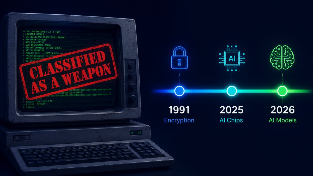 A retro 1990s computer screen stamped Classified as a Weapon next to a timeline: 1991 Encryption, 2025 AI Chips, 2026 AI Models