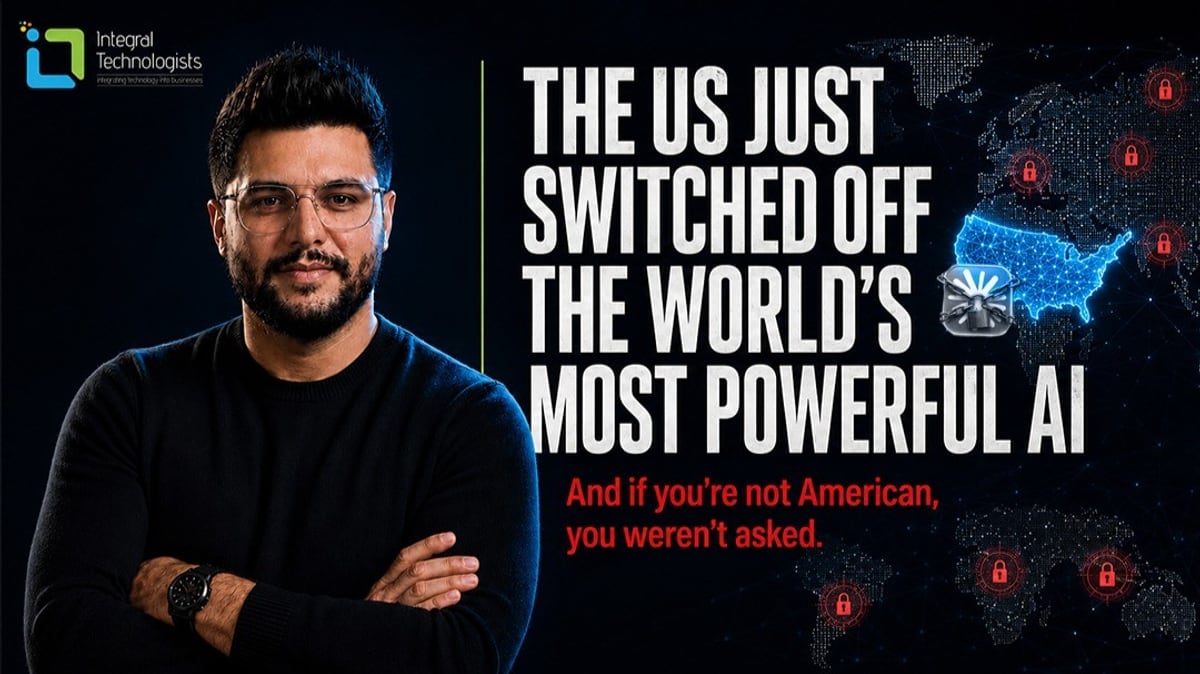 Faiz Ahmed beside the headline The US Just Switched Off the World's Most Powerful AI, over a dark world map with the US lit blue and the rest of the world locked