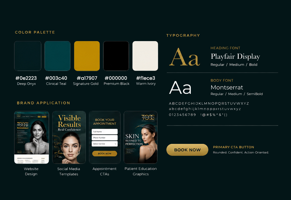 TOCC Aesthetics brand board with logo, colors, typography, and visual direction